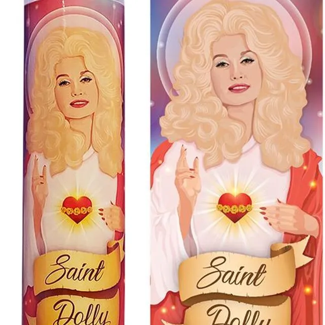 Saint Dolly Parton Celebrity Prayer Devotional Parody Candle - 8" white, unscented glass