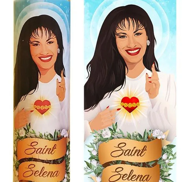 Saint Selena Quintanilla Celebrity Queen of Tejano Music Prayer Devotional Parody Candle, 8" white unscented glass