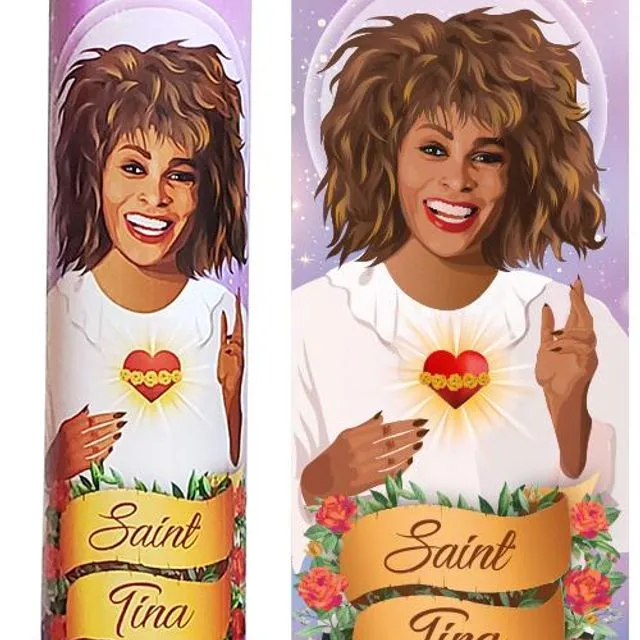 Saint Tina Turner Celebrity Prayer Devotional Parody Candle - 8" white, unscented glass
