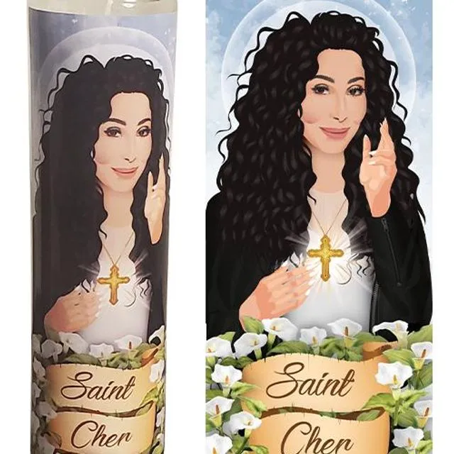 Saint Cher Celebrity Prayer Devotional Parody Candle - Funny, Novelty Gift - 8' white, unscented, glass