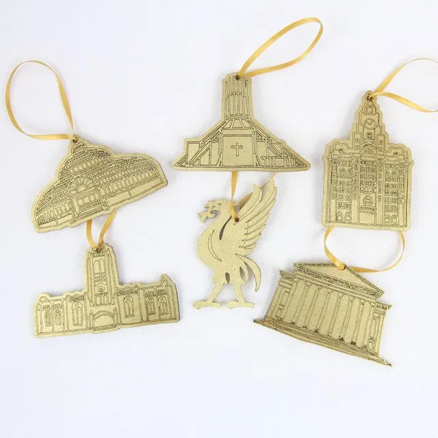 Gold Painted Liverpool Landmarks Christmas Decorations