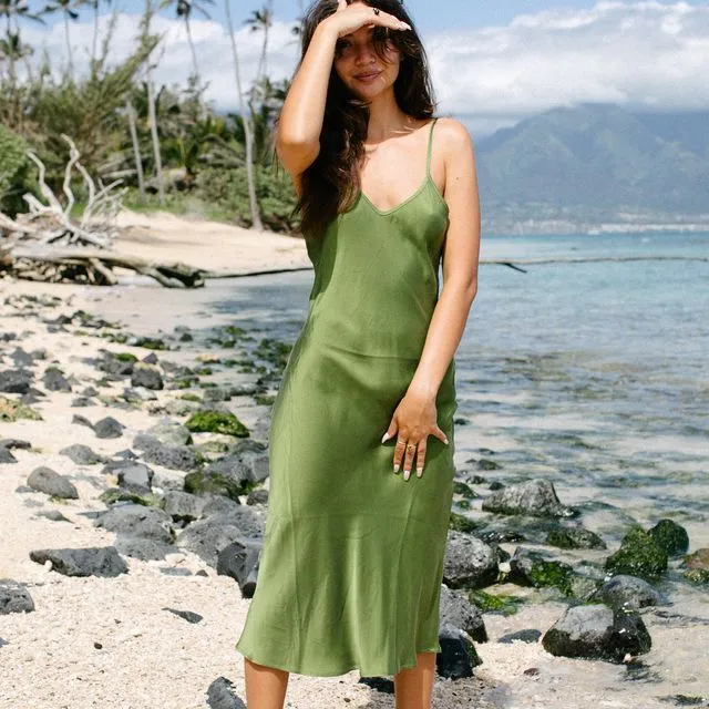 Organic Silk Slip Dress in Sea Turtle Green