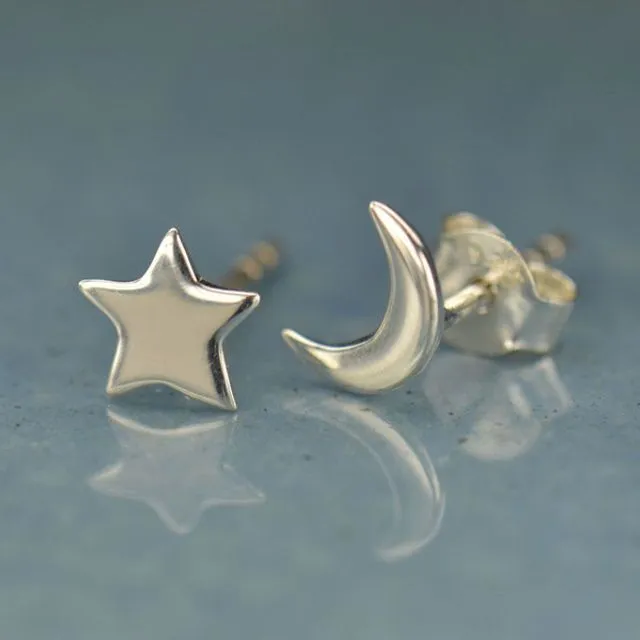 Sterling Silver Stud Earrings - Star and Moon 7x5mm