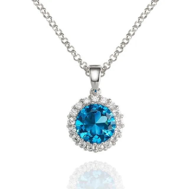 Halo Pendant Necklace with a Light Blue Cubic Zirconia Stone
