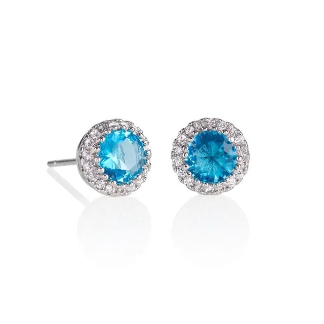Halo Stud Earrings with Sky Blue Cubic Zirconia Stones