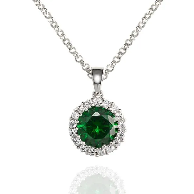 Halo Pendant Necklace with a Green Cubic Zirconia Stone