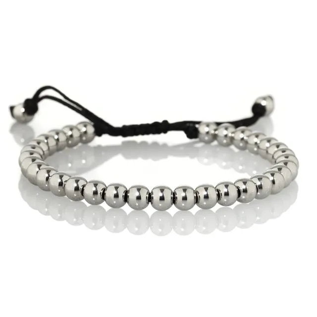 Stainless Steel Men's Bracelet with Metal Beads on Adjustable Black Cord