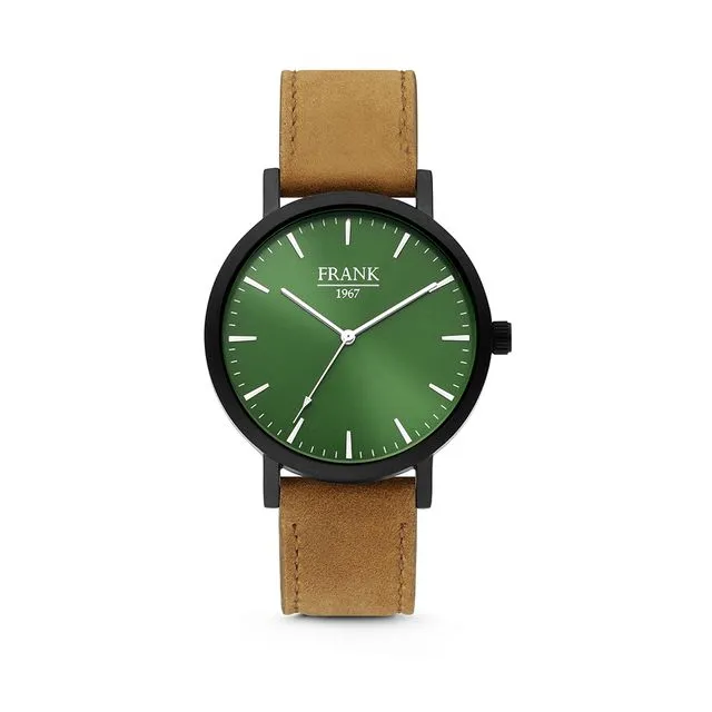 Light Brown Leather Watch with Green Dial Ø42 mm
