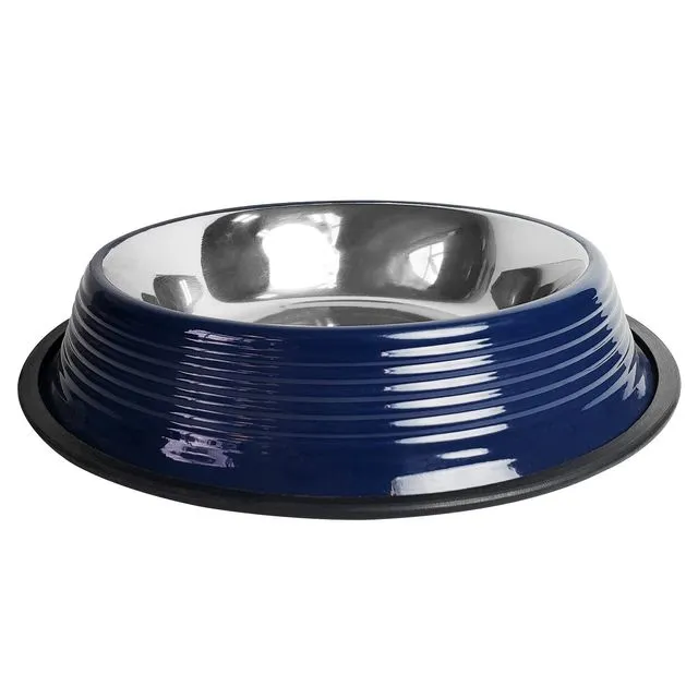 Ribbed No Tip Non Skid Colored Stainless Steel Bowl - Poseidon Blue