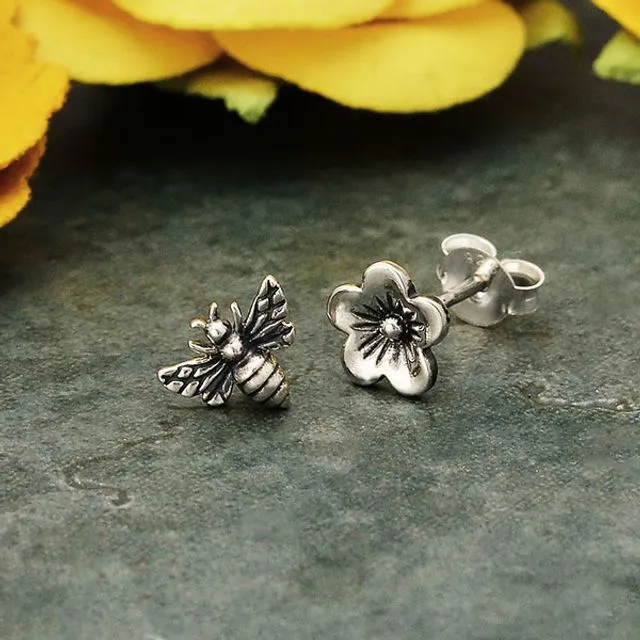 Sterling Silver Post Earrings Cherry Blossom and Bee 7x7mm