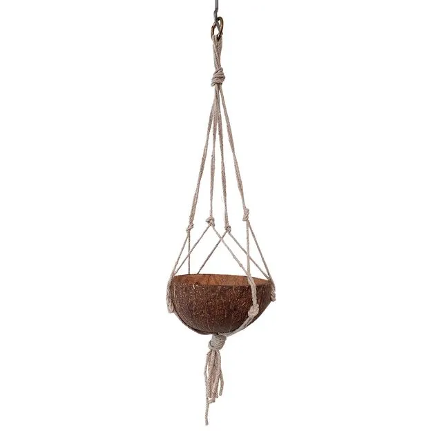 Vie Naturals Mini Coconut Shell Pot Holder, with a Macrame Hanging Rope
