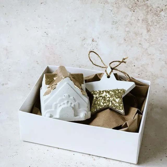 Concrete Christmas ornaments Set: House & star(White)