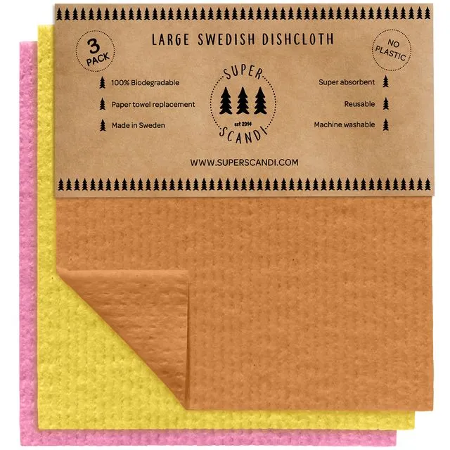 SUPERSCANDI 3 Large Cloths, Pink/Orange/Yellow Swedish Dishcloths Reusable Biodegradable Cellulose Sponge Cleaning Cloths for Kitchen Paper Towel Replacement Washcloths
