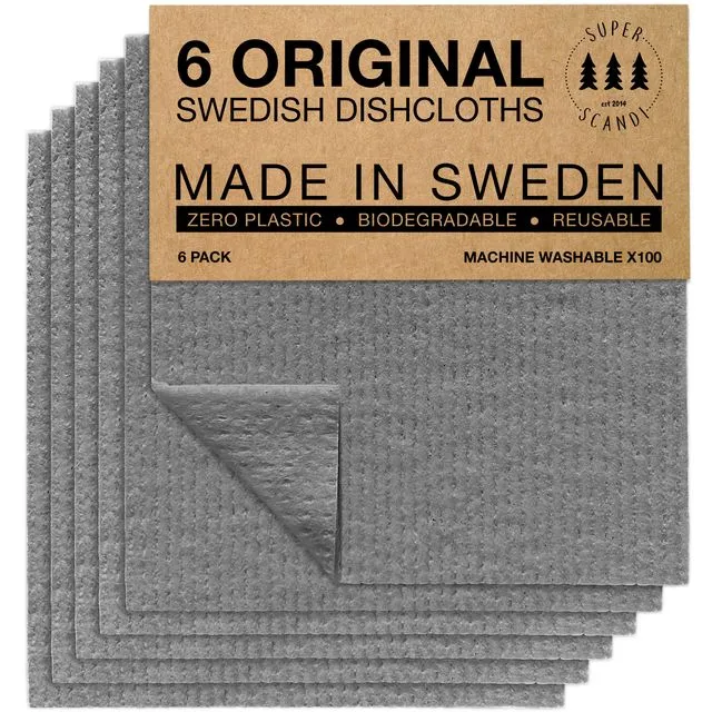 SUPERSCANDI 6 Pack Grey Swedish Dishcloths Eco Friendly Reusable Sustainable Biodegradable Cellulose Sponge Cleaning Cloths for Kitchen Dish Rags Washing Wipes Paper Towel Replacement Washcloths