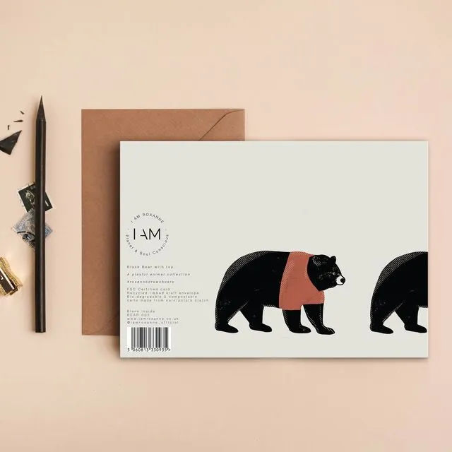 Black Bear with Top Card | Everyday Blank Card | Eco Friendly Card | Childrens Card | Contemporary Card