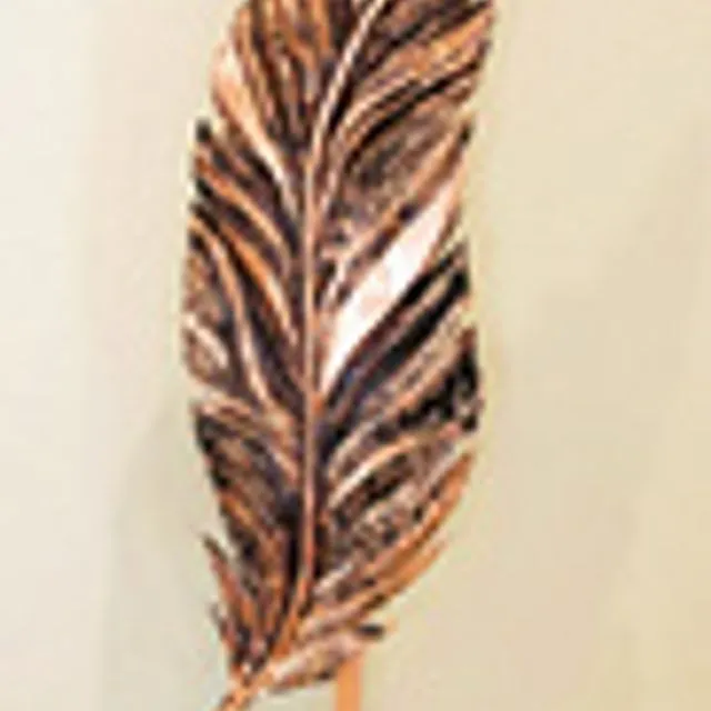 New! 24” Hand-tooled Copper Feather With Stand 28” x 8” - Brown Finish