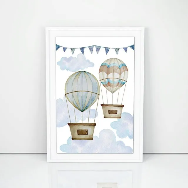 Poster "2 hot air balloons" white frame, A4 format