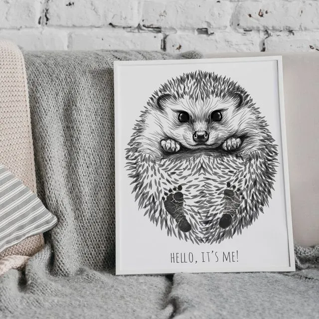 Personalized Baby Hedgehog Footprint Kit, A3 format, white frame