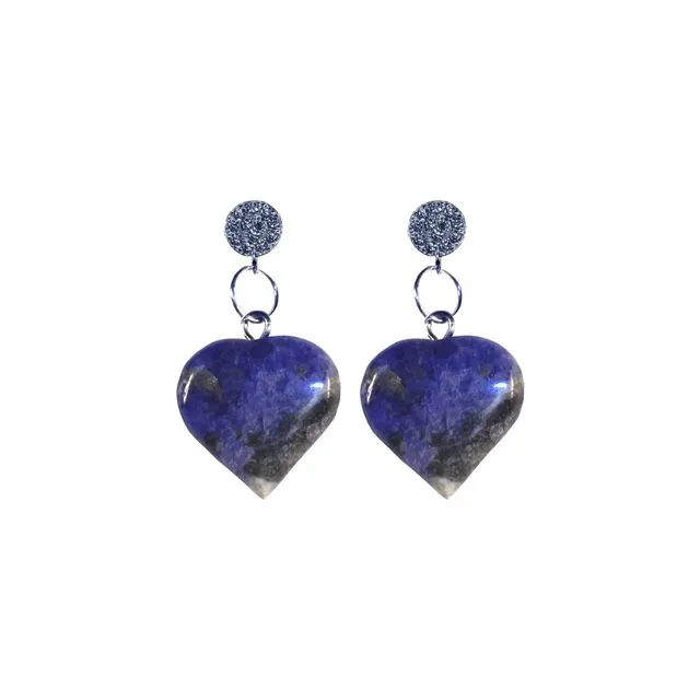 Sodalite Blue Gemstone Hearts Sterling Silver and Cubic Zirconia Stud Earrings