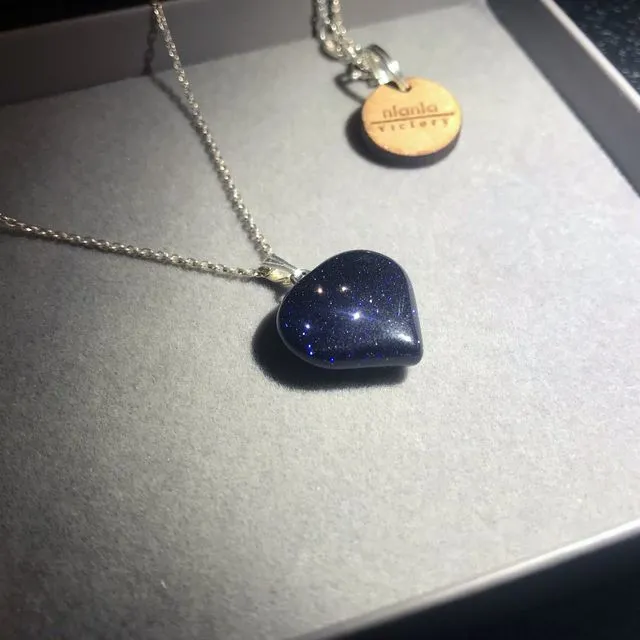 Blue Goldstone Heart Pendant on Sterling Silver Necklace