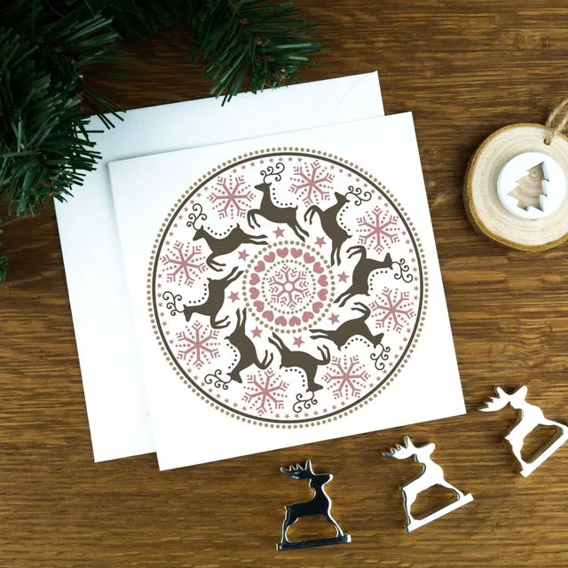 Bundle of 84 Circle of Reindeers; Dusty Pink and Blues, Nordic Christmas Cards.