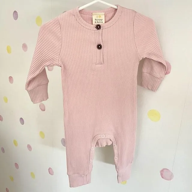 Pink Long Sleeve Ribbed Cotton Romper