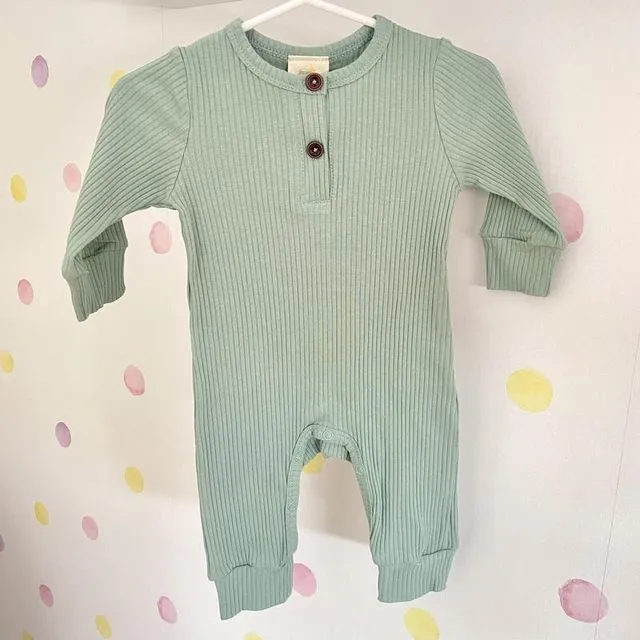 Sage Long Sleeve Ribbed Cotton Romper