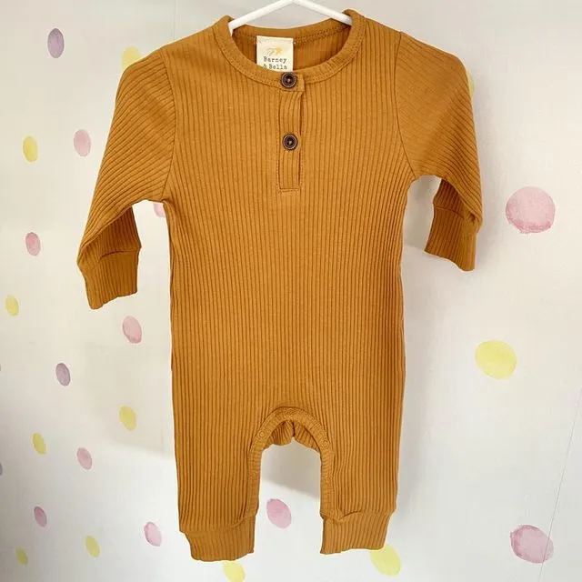 Mustard Long Sleeve Ribbed Cotton Romper
