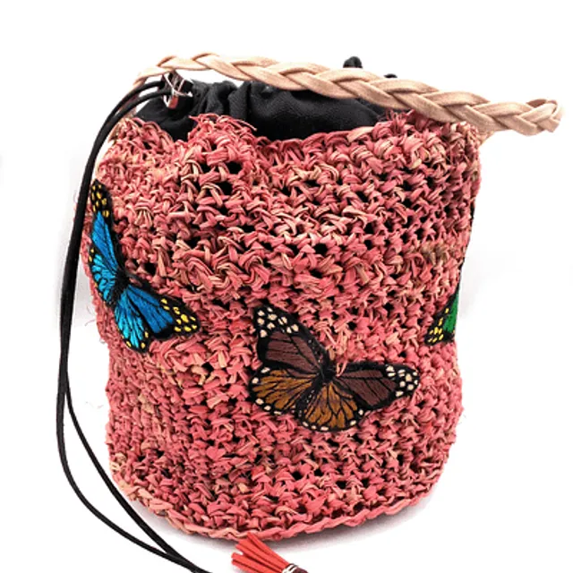 Pink Butterfly straw bucket bag