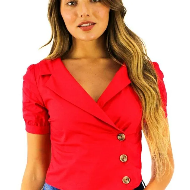Red Wrap Buttons Notched Ringer Sleeve Shirt (6pcs) multiple sizes pack