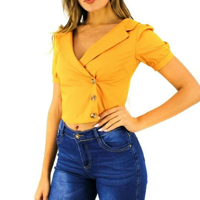 Yellow Wrap Buttons Notched Ringer Sleeve Shirt (6pcs) multiple sizes pack