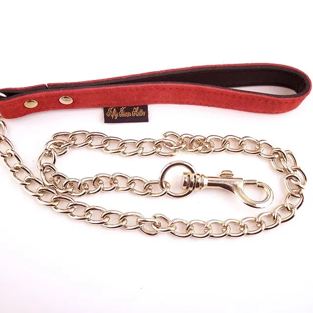 Fifty times hotter Leads. Gold chain lead with smooth suede handle, the swivel clasp makes for easy attachment to the Fifty Times Hotter collar. Available in a range of colours. Team with Fifty Times Hotter Suede O-Ring collar. Fifty Times Hotter Lead