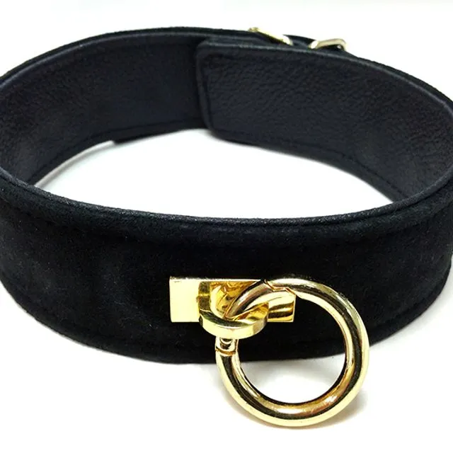 A beautifully smooth handcrafted Suede and gold O-ring collar Fully adjustable for the perfect fit. Available in a range of colours. 6 gold studded eyelets for a tailored fit. Team with Fifty Times Hotter Wrist and Ankle Cuffs. Fifty times Hotter Plain Collar