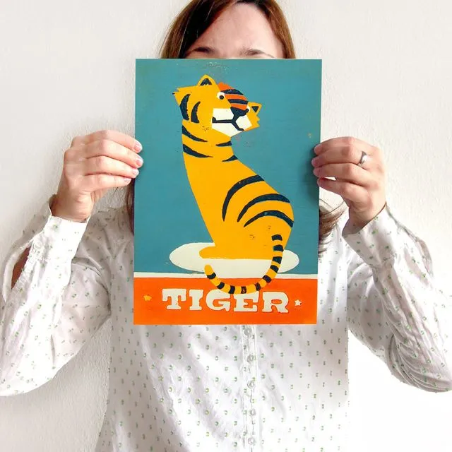 Woodcut Print with Tiger