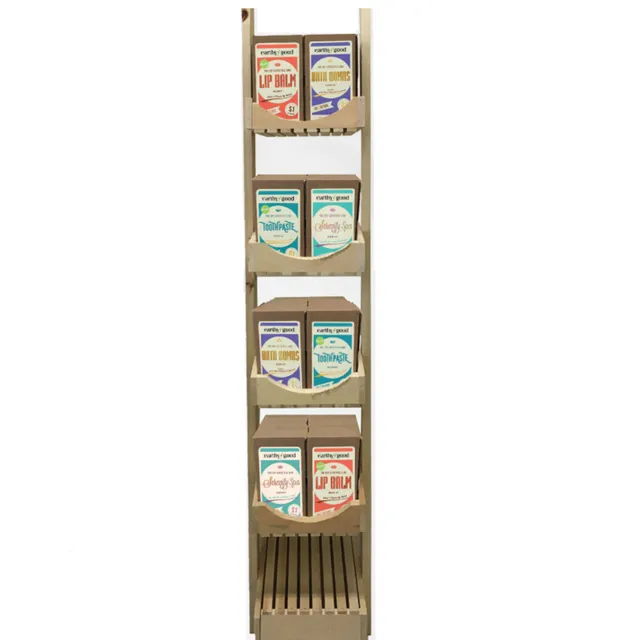 Bundle of 48 Earthy Good Kits + Wood Display: 12 pcs each Lip Balm, Bath Bombs, Toothpaste, Serenity Spa