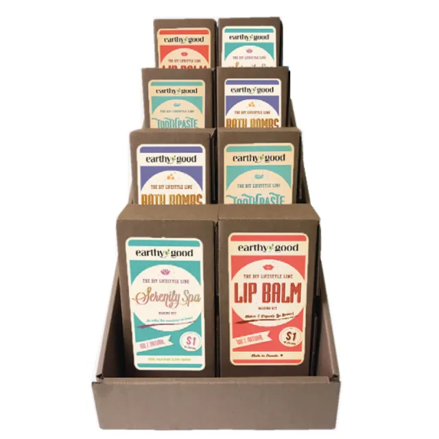 Bundle of 16 Earthy Good Kits + Cardboard Display: 4 pcs each Lip Balm, Bath Bombs, Toothpaste, Serenity Spa