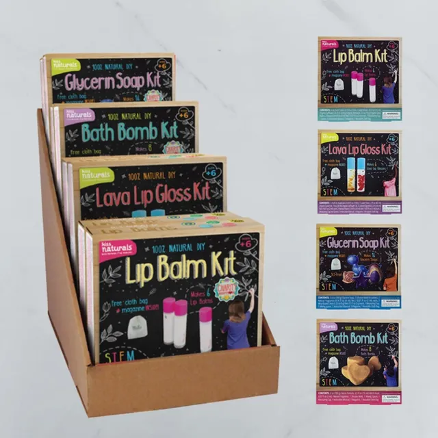 Bundle of 32 Kiss Naturals Kits + Cardboard Display: 8 pcs each Lip Balm, 8 Lip Gloss, 8 Bath Bombs, 8 Glycerin Soap