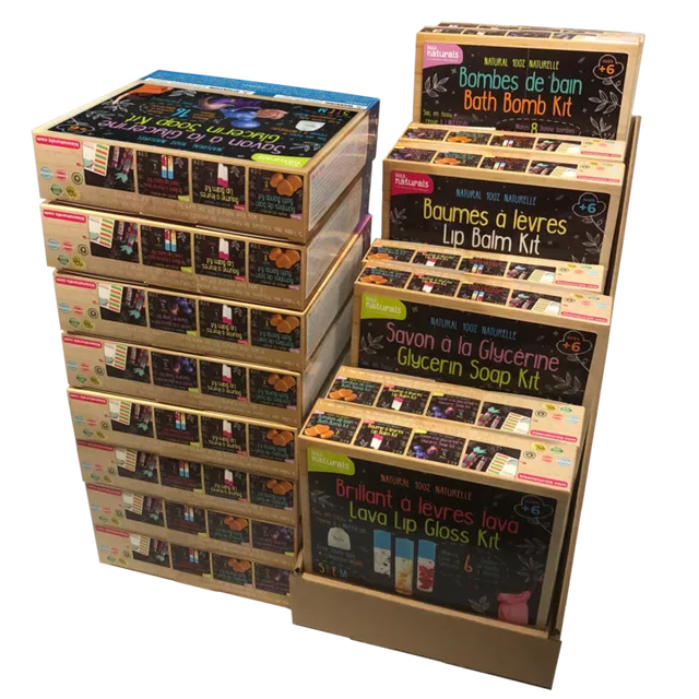 Bundle of 16 Kiss Naturals Kits + Cardboard Display: 4 pcs each Lip Balm, 4 Lip Gloss, 4 Bath Bombs, 4 Glycerin Soap