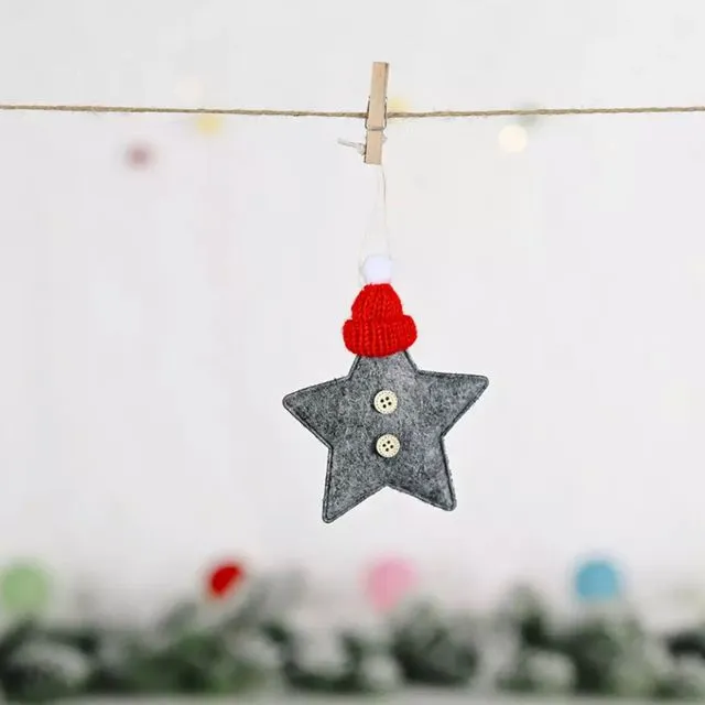 Christmas Fabric Star Decoration with Bobble Hat - Grey