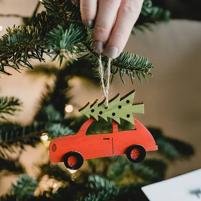 Christmas Car Wooden Decoration - Red