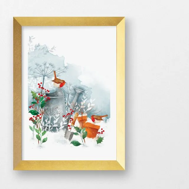 Winter Garden With Robins Art Print