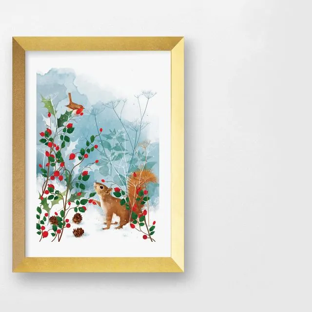 Winter Hedgerow With Squirrel Art Print