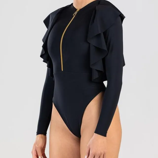 Gossammer One-piece Swimsuit With Long Sleeves And Decorative Ruffles - Black