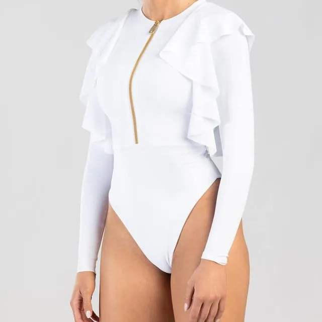 Gossammer One-piece Swimsuit With Long Sleeves And Decorative Ruffles - White