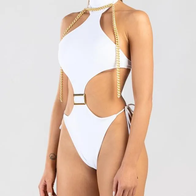 Opulent Cut Out One-piece Swimsuit With Decorative Chain - White