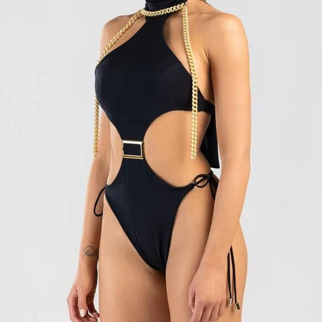 Opulent Cut Out One-piece Swimsuit With Decorative Chain - Black