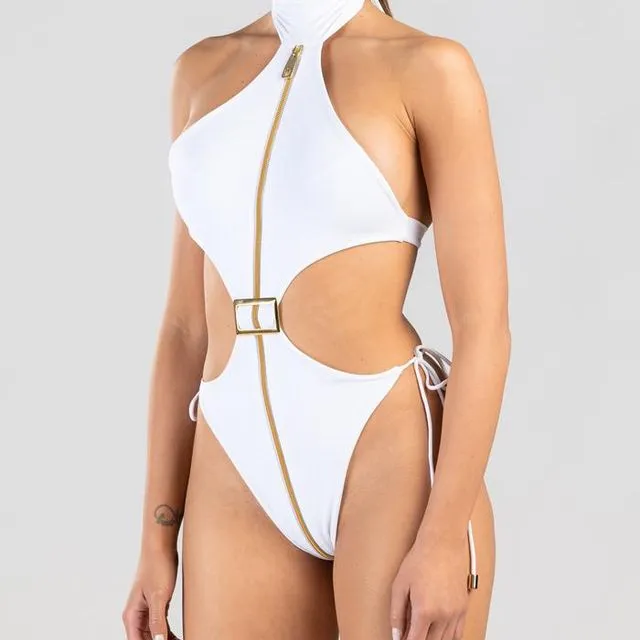 Cynosure Cut Out One-piece Swimsuit With Decorative Zip - White