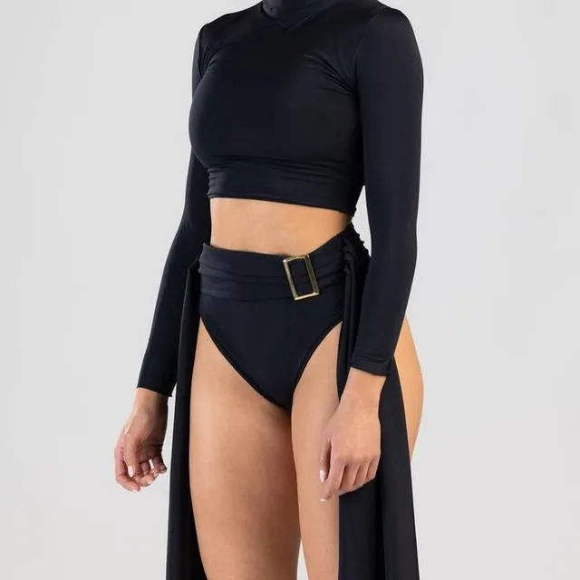 Amaze Two-piece Swimsuit With Turtle Neck Design, Long Sleeves And Decorative Belt - Black
