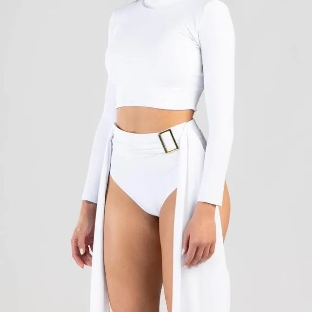 Amaze Two-piece Swimsuit With Turtle Neck Design, Long Sleeves And Decorative Belt - White