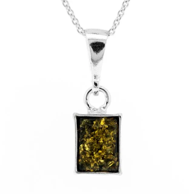 Green Amber and Sterling Silver Rectangle Pendant with 18" Trace Chain
